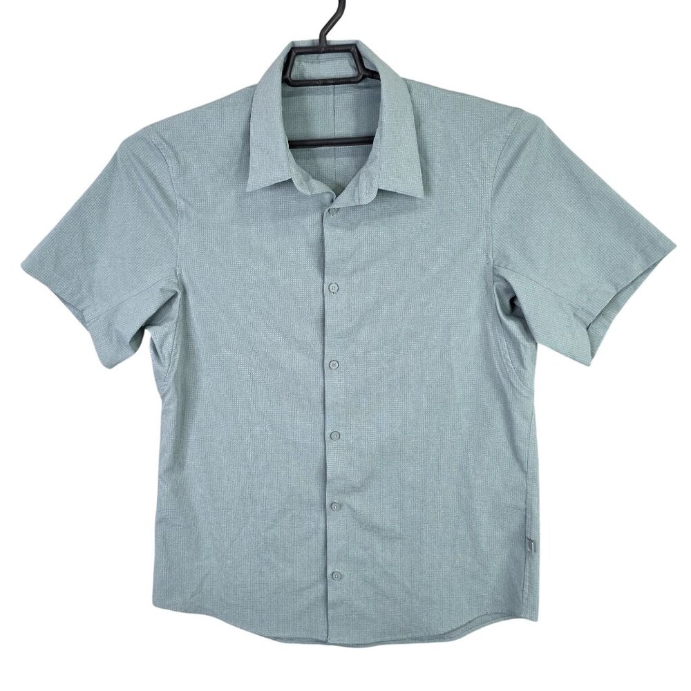 Mens Lululemon Teal Shirt Button Up Short Sleeve 100% Polyester Stretch Size L